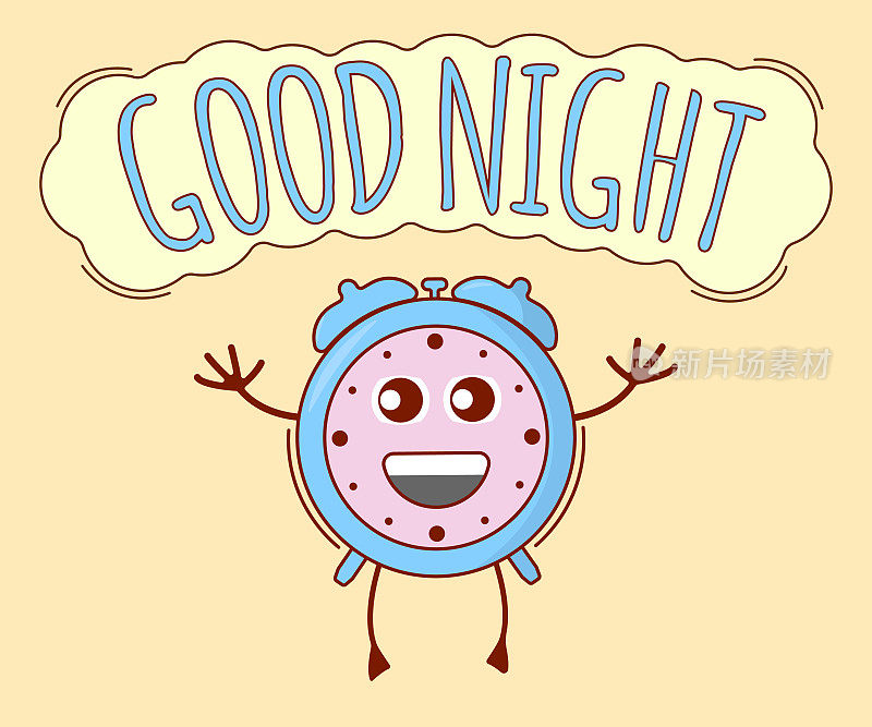 Good Night Banner, Alarm Icon. Cute Character, Concept Label. Cartoon Vector Illustration